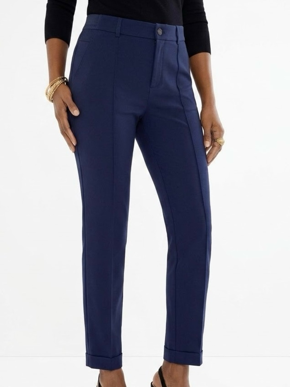 CHICO’S Elyse So Slimming Navy Blue Ankle Pants w Front Seam Piping — #LHP 106